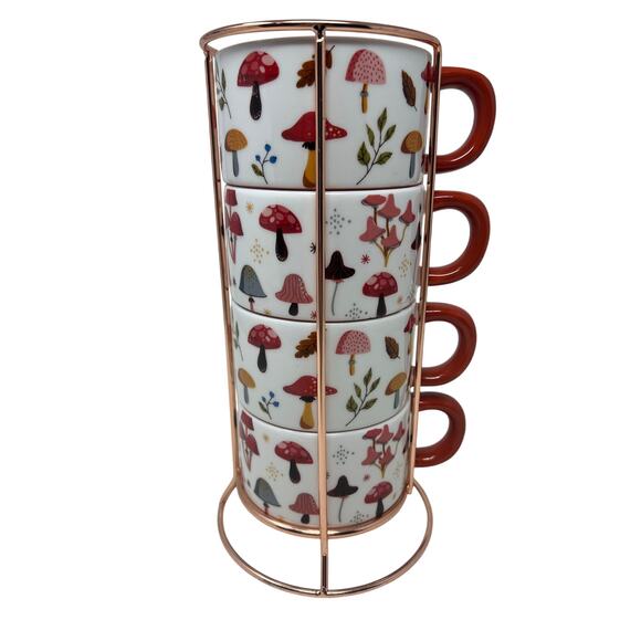 Set of 4 Potter's Studio Stackable Mugs in Mushroom Autumn Fall Print Groovy - Picture 1 of 7